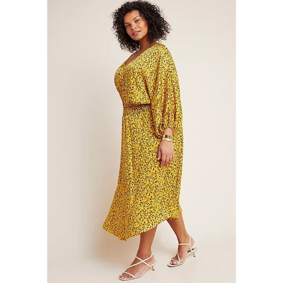 by Anthropologie Marigold Midi Dress Smocked V-Neck Gold Women's Plus Size 3X - Picture 12 of 14
